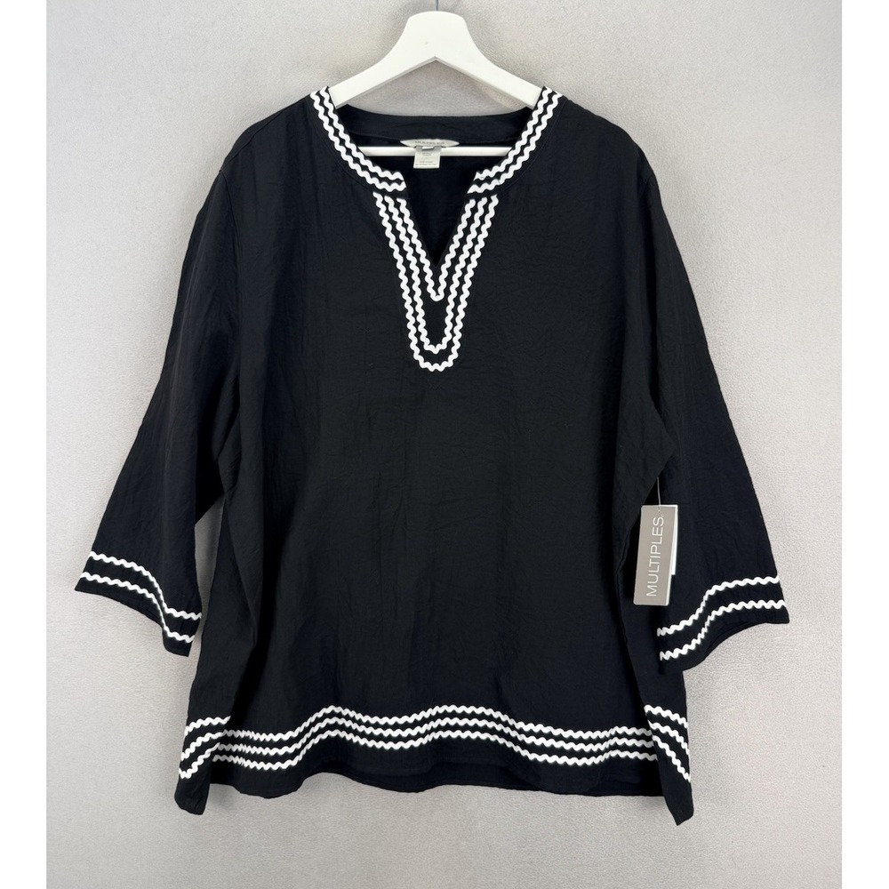 Multiples Women's Plus Sz 2X Black White Ric-Rac Trim Seersucker Tunic Top NWT‎